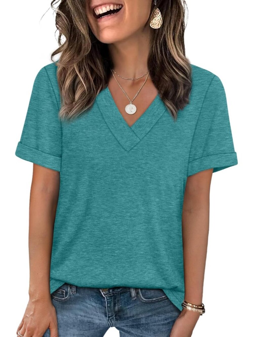🆕Women's Torquiso Summer Tops Short Sleeve Basic Casual V Neck T Shirts Trendy